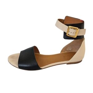 Chloe Colorblock Black & Cream Leather Flat Sandals Wide Ankle Strap